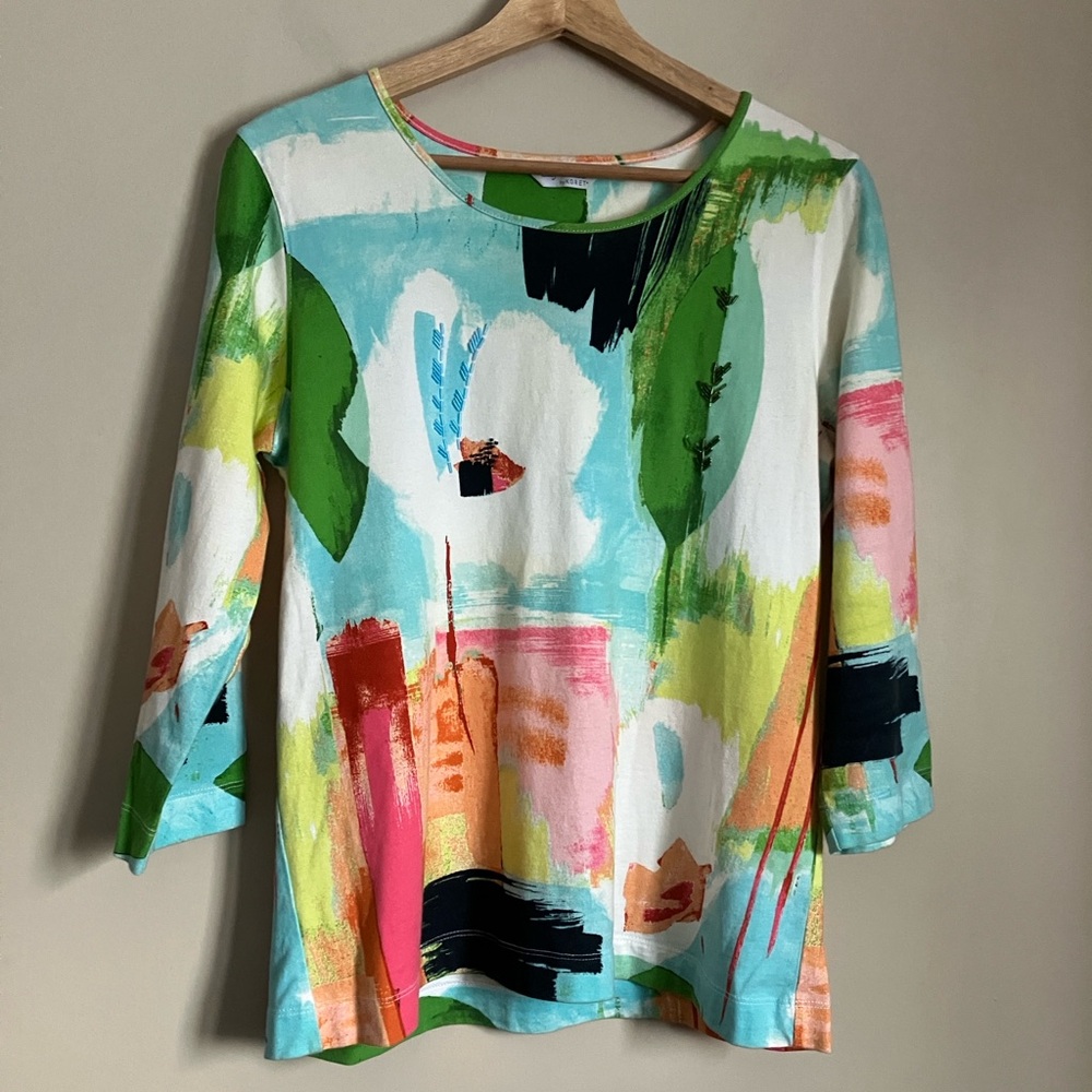 Koret Shirt cotton Top abstract floral beaded 3/4 sleeve tee women’s size M